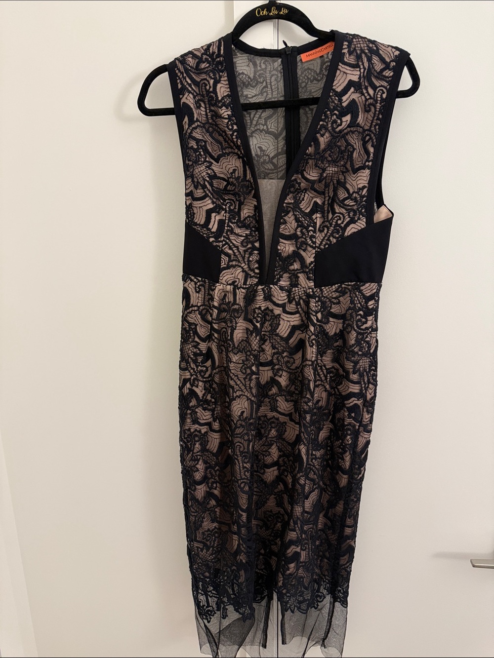 Manning Cartell Sleeveless Black Lace Overlay Dress with Nude Lining